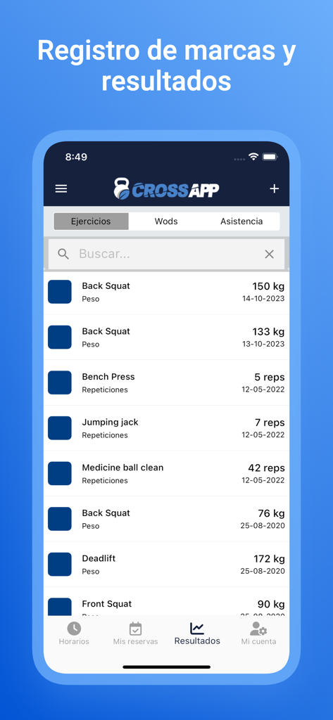 CrossApp Pro - CrossApp Pro mobile app showing a list of workout results and personal records