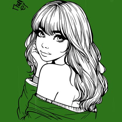 realistic girl with bangs looking over her shoulder