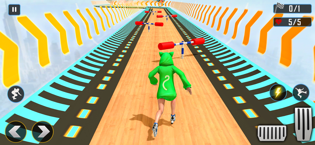 Roller Skate Downhill Racing - A character wearing a green cat-eared hoodie roller skating on an obstacle course in Roller Skate Downhill Racing.