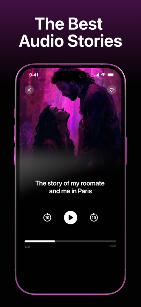 Maven - Spicy Audio Stories - Pantalla de smartphone mostrando la aplicación Maven reproduciendo una historia romántica en audio sobre un compañero de piso en París con un botón de reproducción y una barra de progreso.