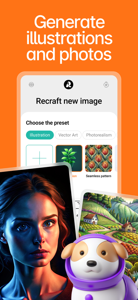 Captura de pantalla de la aplicación Recraft que muestra preajustes de generación de IA para ilustraciones y fotos con ejemplos de obras de arte