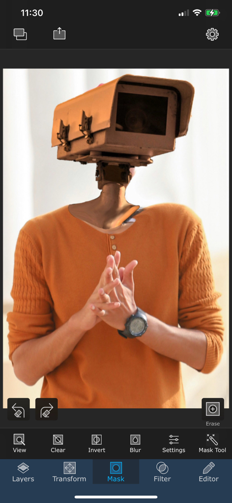 Superimpose - Surreal photo edit of a man with a camera head created in the Superimpose app interface