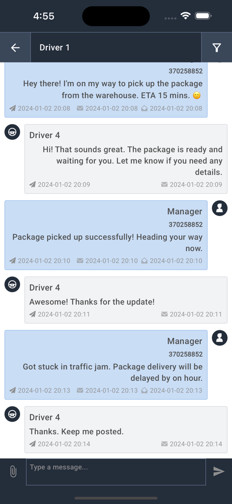 Fleethand - Screenshot of Fleethand Dispatcher app chat between manager and driver regarding package status and logistics updates