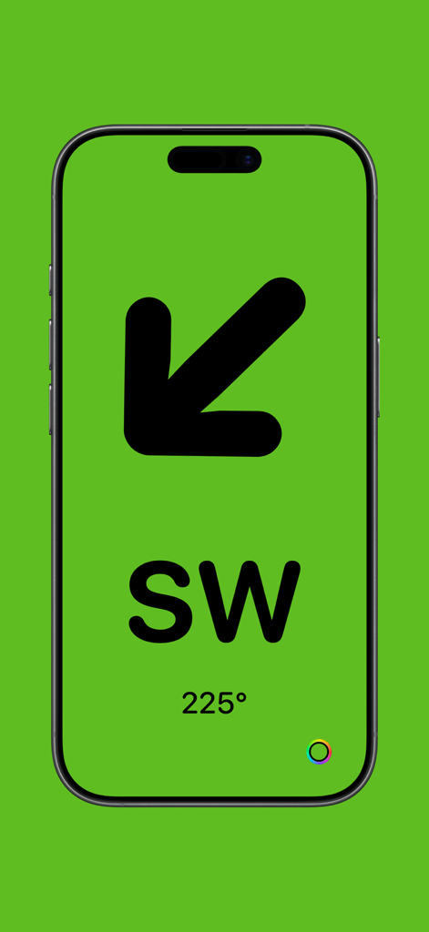 Arrow - Ultraminimal Compass. - Minimalist compass interface with a black arrow pointing southwest and 225 degrees on a green background