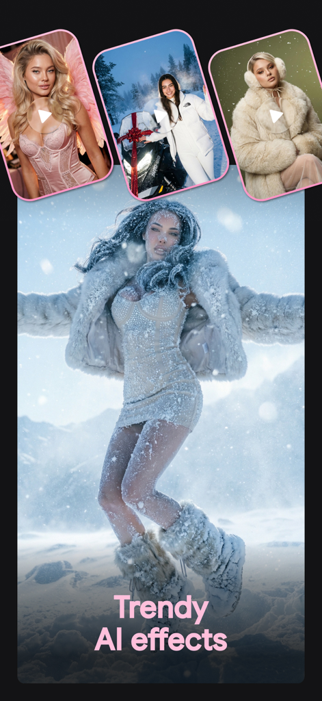 A collection of AI generated fashion photos and videos featuring trendy effects in the MIU AI app