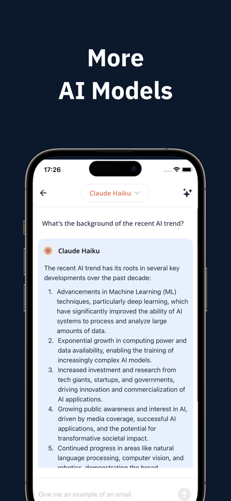Une interface de chat dans l'application Hub AI montrant une réponse du modèle Claude Haiku expliquant l'historique des tendances récentes de l'IA