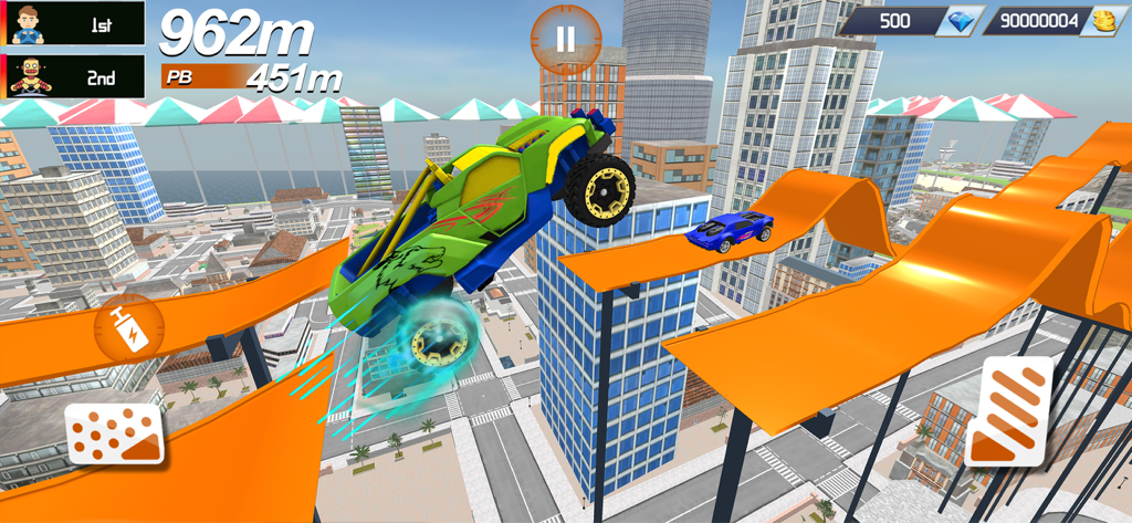 Monster Truck 4x4 Racing Games - A lime green monster truck performing a stunt on an orange track high above a city