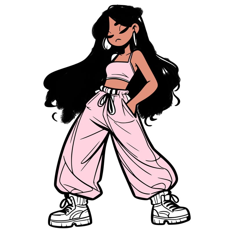 girl in baggy pants crop top and long hair