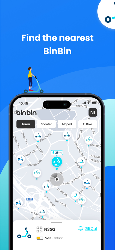 BinBin Scooters app interface showing a city map with available e-scooters and mopeds for rent