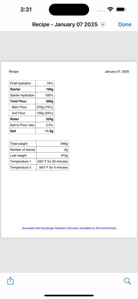 Un resumen detallado de una receta de pan de masa madre que incluye pesos de ingredientes y porcentajes de hidratación