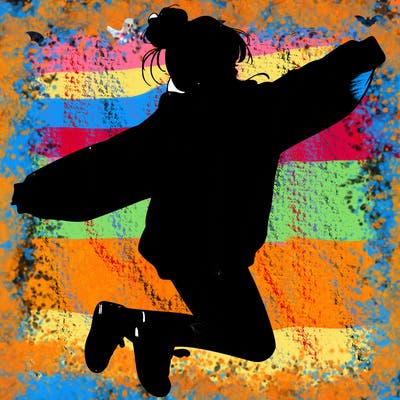 realistic girl jumping with a bun and oversized sweatshirt