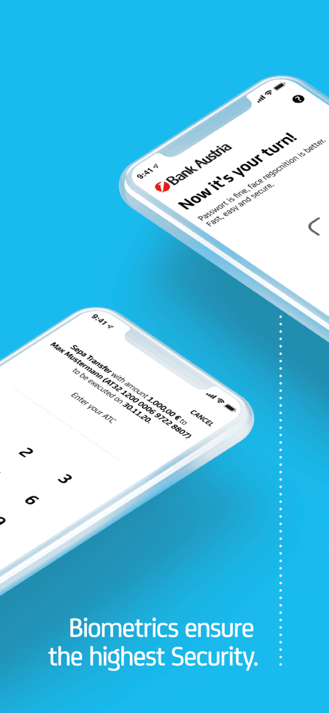 Oberfläche der Bank Austria MobileBanking-App zeigt biometrische Sicherheits- und SEPA-Überweisungsvorgänge.