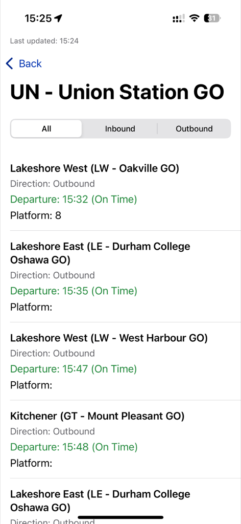 OntarioTransit Departure Times - OntarioTransit app showing real-time train departure times and platform numbers for Union Station GO.