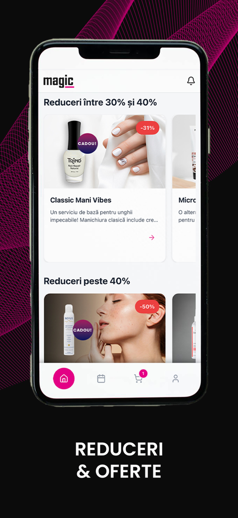 Magic Salon - Mobile app interface of Magic Salon showing salon service discounts and special beauty offers.