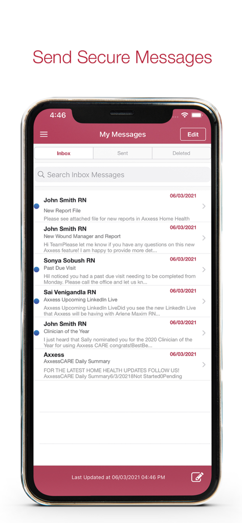 Axxess Home Health - Axxess Home Health app interface showing a secure message inbox for clinical team communication.