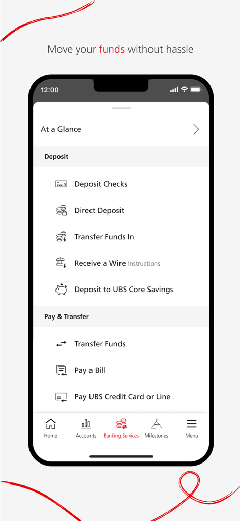 UBS Wealth Management - Interface móvel do aplicativo UBS Wealth Management mostrando serviços bancários para depósitos e transferências de fundos