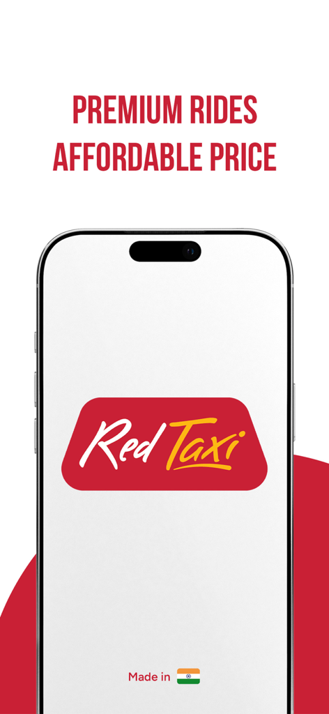 Red Taxi mobile app splash screen with logo and slogan premium rides affordable price