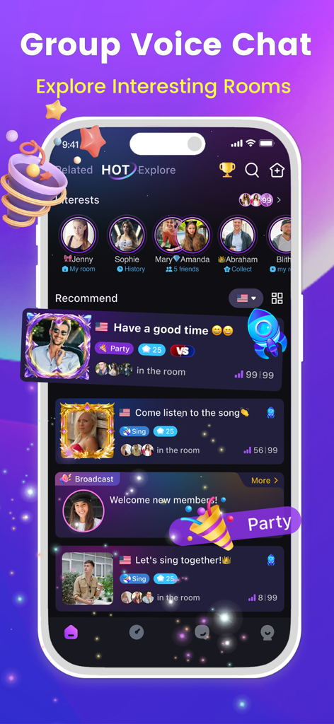 Hiya - Group Voice Chatroom - Interfaz de la aplicación Hiya que muestra una variedad de salas de chat de voz grupales categorizadas por intereses como música y fiestas.