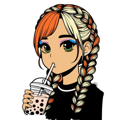 realistic girl with braided hair drinking boba