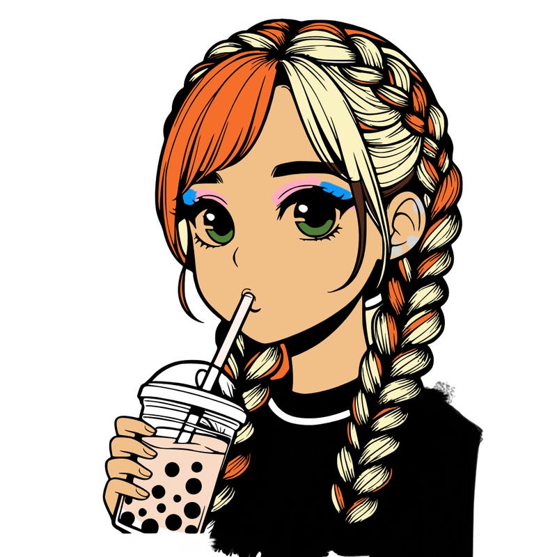 realistic girl with braided hair drinking boba