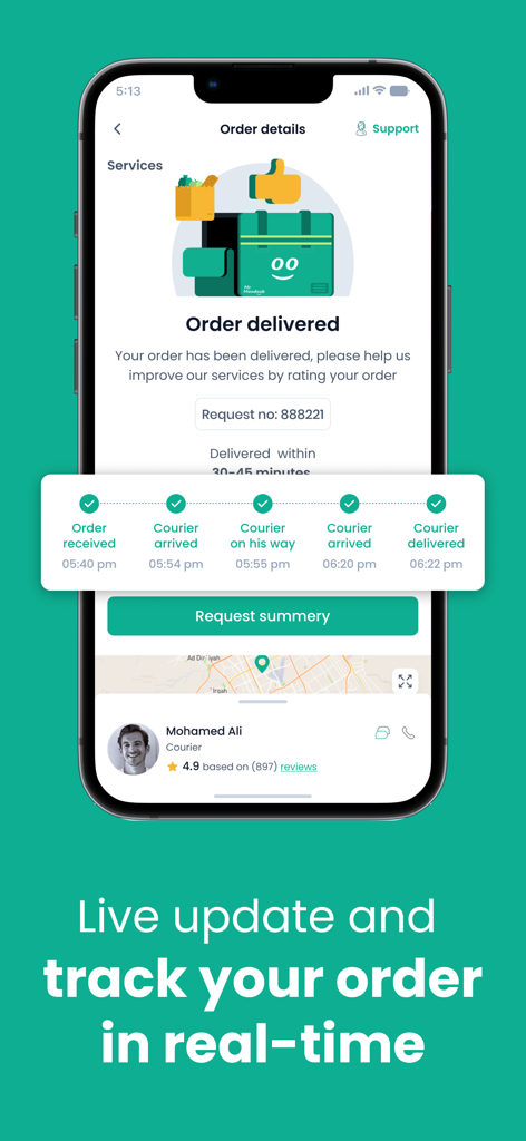 Mr Mandoob | Anything Delivery - Tela de rastreamento de pedidos em tempo real no aplicativo de entrega Mr Mandoob, mostrando o cronograma de entrega e informações do entregador.
