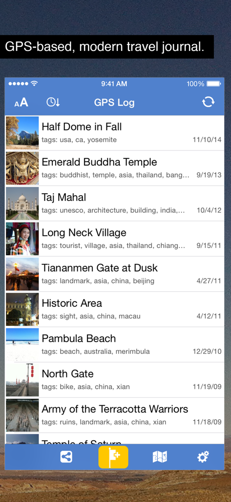 Uma lista de entradas de diário de viagem no aplicativo GPS Log mostrando fotos e locais como o Taj Mahal e Half Dome.