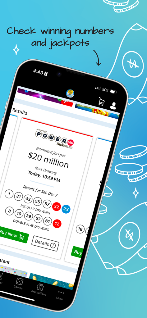 Michigan Lottery Mobile - Michigan Lottery app interface showing Powerball winning numbers and a 20 million dollar jackpot