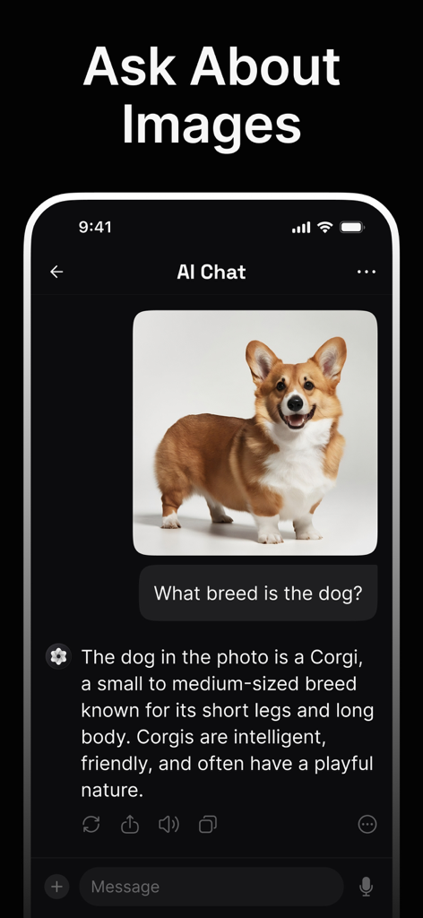 DeepChat - AI Chat Assistant - Interface de l'application DeepChat montrant l'assistant IA identifiant un chien Corgi à partir d'une image téléchargée.
