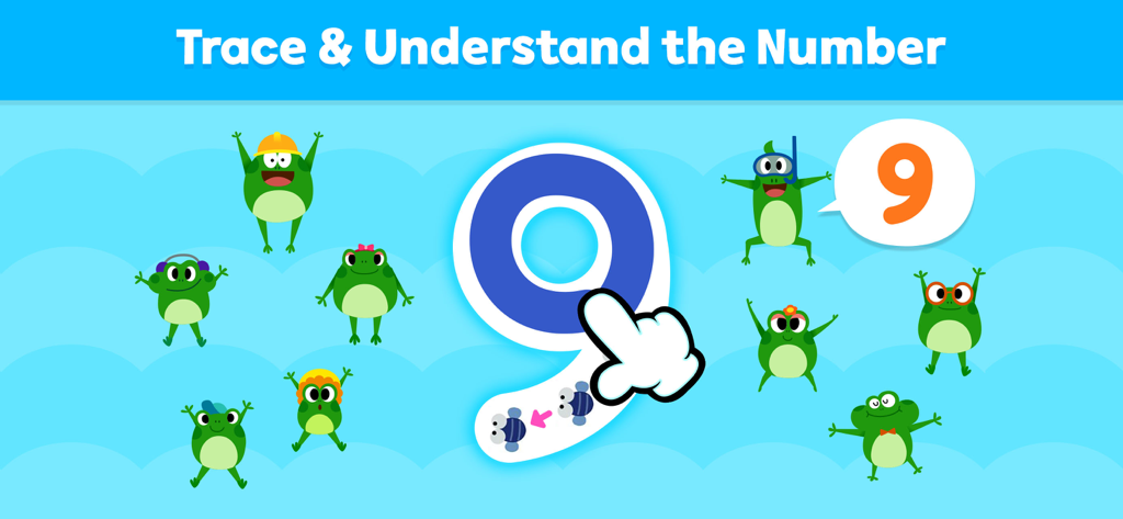 Pantalla educativa que muestra un ícono de mano trazando el número nueve rodeado de ranas animadas en la aplicación Pinkfong 123 Números