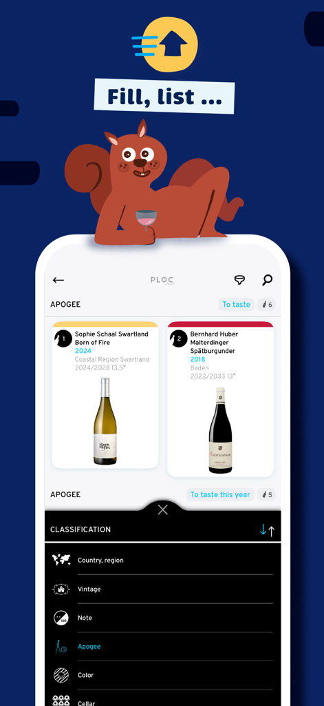 PLOC, you'll be wine - Mobile app interface of PLOC showing a wine list categorized by drinking window with a classification menu and a playful squirrel illustration.