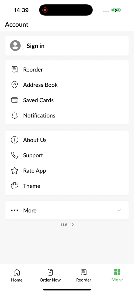 Account screen of the Rayleigh Kebab app displaying options for sign in, reordering, saved addresses, and payment cards.