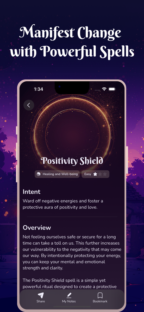 Witchcraft & Wicca - Coven App - A screenshot of the Witchcraft and Wicca Coven app showing a Positivity Shield spell with its intent and overview