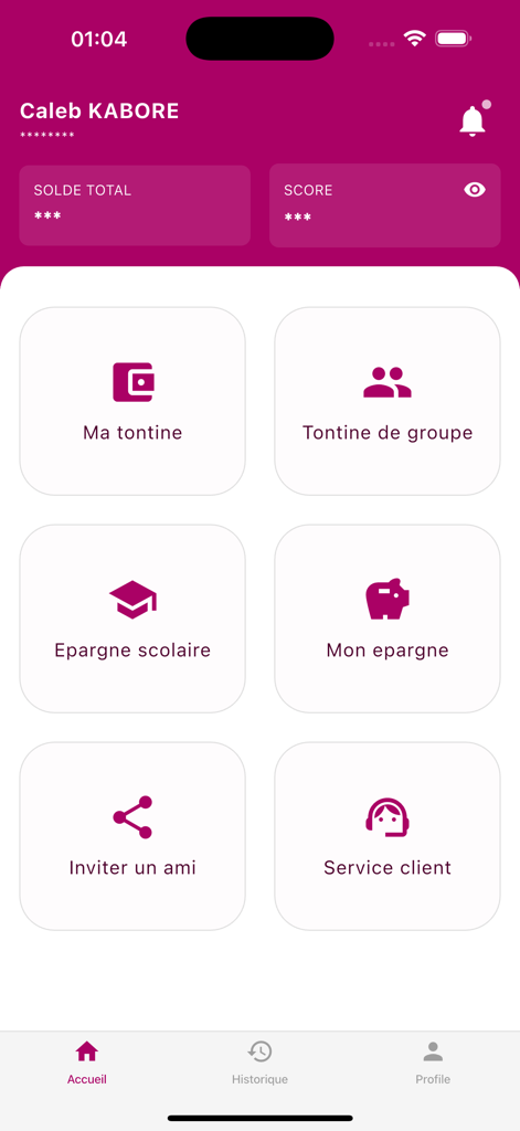 Tenbo - Tenbo app dashboard showing menu options for group tontines and school savings