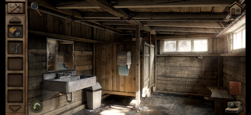 Aurora Hills: Chapter 1 - A rustic wooden bathroom interior with a sink and stalls in a mystery puzzle game