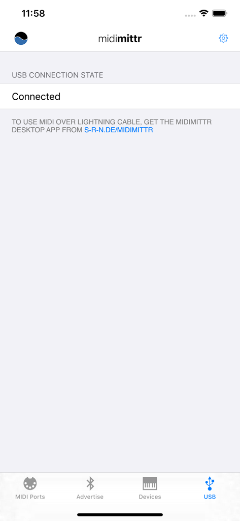 midimittr - Interfaz de la aplicación midimittr que muestra el estado de una conexión USB activa