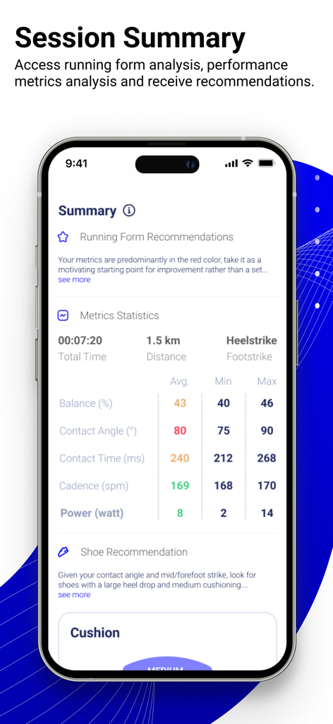 Resumen de sesión de la aplicación AiKYNETIX que muestra métricas de técnica de carrera y análisis biomecánico
