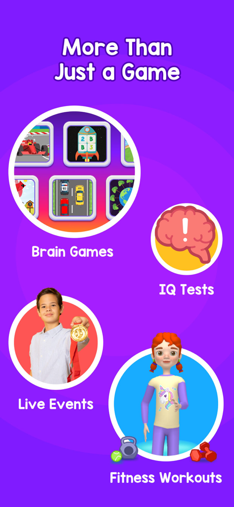 MentalUP app features including brain games, IQ tests, live events, and fitness workouts for children.