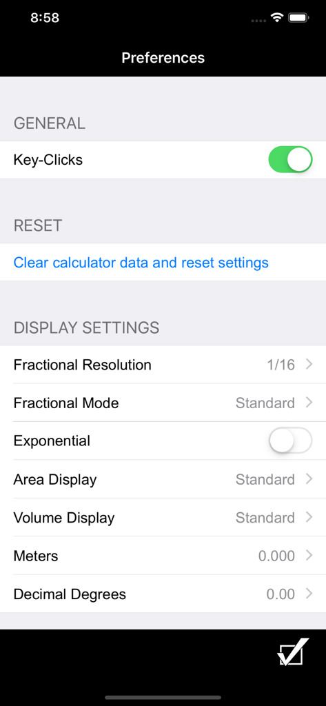 HeavyCalc Pro - Écran des préférences pour HeavyCalc Pro montrant les paramètres d'affichage et d'unités