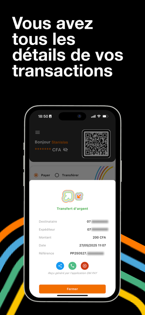 OM Pay - La pantalla de un teléfono móvil que muestra un recibo de transferencia de dinero en la aplicación OM Pay con detalles de la transacción y un código QR.