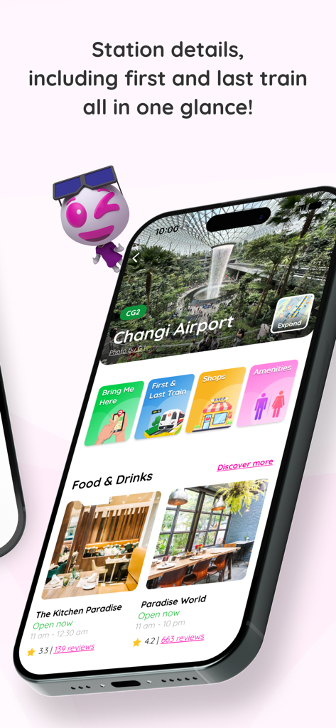 WINK+ app interface displaying Changi Airport station details including train timings, amenities, and local food recommendations.