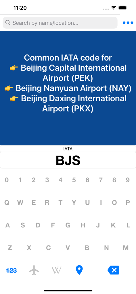 Airport ID - Airport ID app screenshot showing a search for the BJS IATA code and a custom alphanumeric keypad
