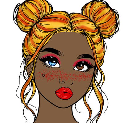 realistic girl with two buns on her hair and lips