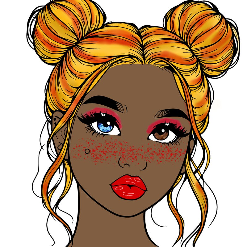realistic girl with two buns on her hair and lips