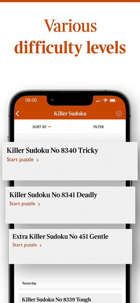 Interface of the Times Puzzles app showing various difficulty levels for Killer Sudoku puzzles