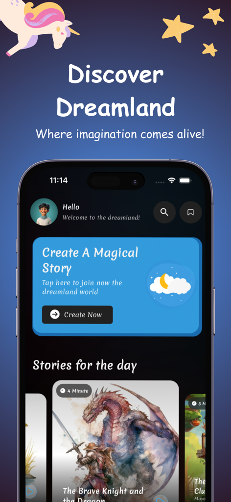 Dreamland: Create Kids Stories - Tela inicial do aplicativo Dreamland mostrando um botão para criar histórias mágicas e uma biblioteca de contos para crianças