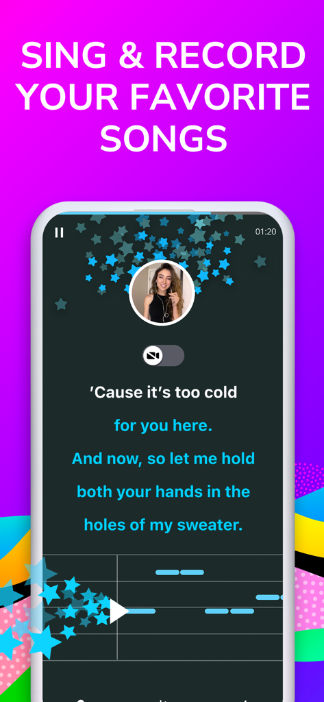 Smartphone screen showing the Smule karaoke app with lyrics and a pitch guide for singing and recording.
