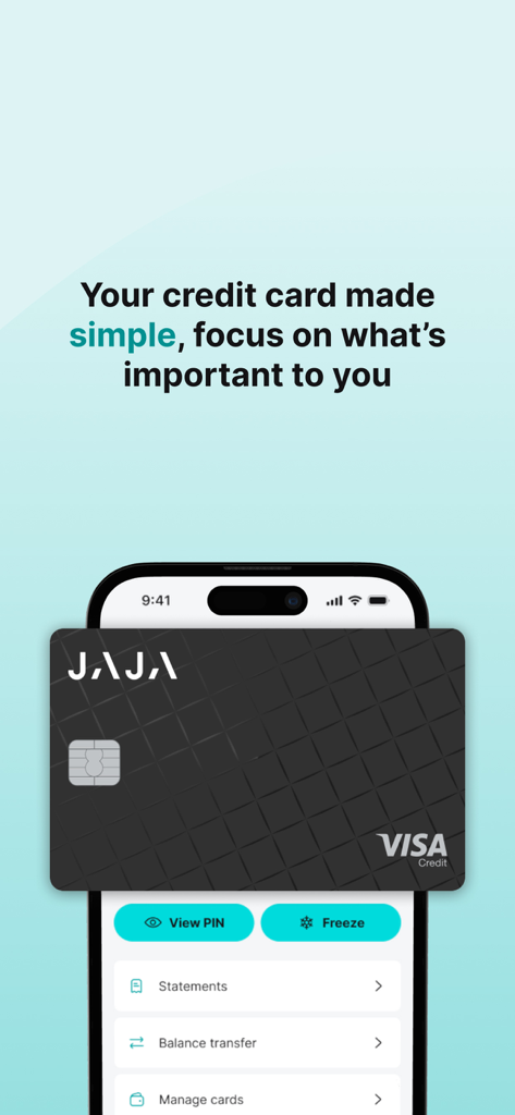 Jaja Credit Card - Interface de l'application Carte de crédit Jaja présentant une carte numérique avec des options de blocage et de visualisation du code PIN