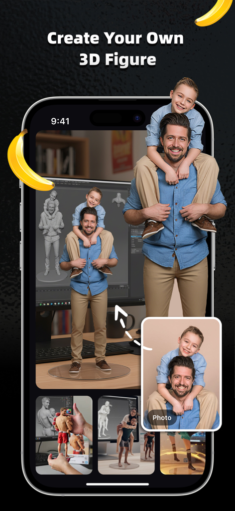 AI Marvels app interface showing a photo of a man and child transformed into a custom 3D action figure