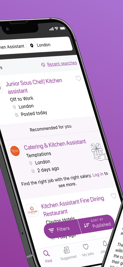 런던의 환대 산업 채용 공고를 보여주는 Caterer Job Search 앱의 모바일 인터페이스