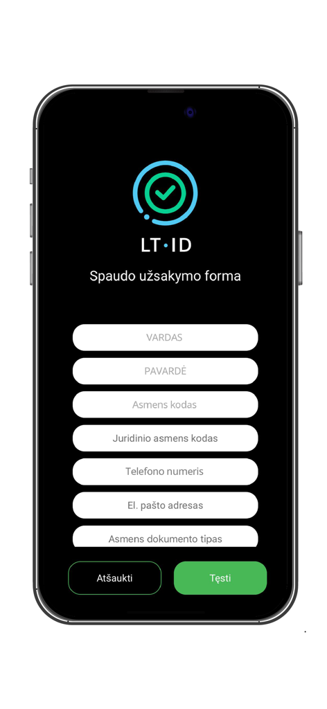 LT ID - Interface do aplicativo móvel LT ID mostrando um formulário de pedido de selo eletrônico com campos para nome e detalhes de identificação